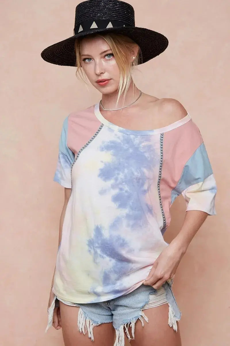 BiBi Tie Dye Printed Cotton Color Block T-Shirt for Women - Love Salve